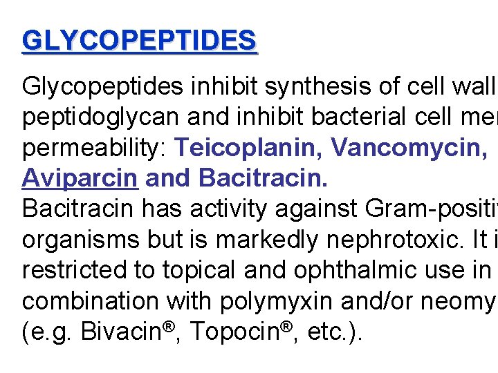 GLYCOPEPTIDES Glycopeptides inhibit synthesis of cell wall peptidoglycan and inhibit bacterial cell mem permeability: