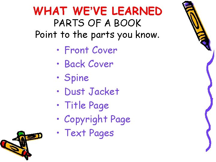 WHAT WE’VE LEARNED PARTS OF A BOOK Point to the parts you know. •