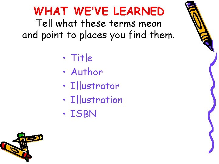 WHAT WE’VE LEARNED Tell what these terms mean and point to places you find