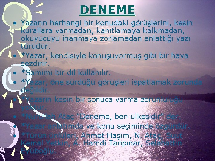 DENEME • Yazarın herhangi bir konudaki görüşlerini, kesin kurallara varmadan, kanıtlamaya kalkmadan, okuyucuyu inanmaya