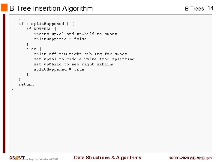 B Tree Insertion Algorithm B Trees 14 . . . if ( split. Happened B Tree Insertion Algorithm B Trees 14 . . . if ( split. Happened