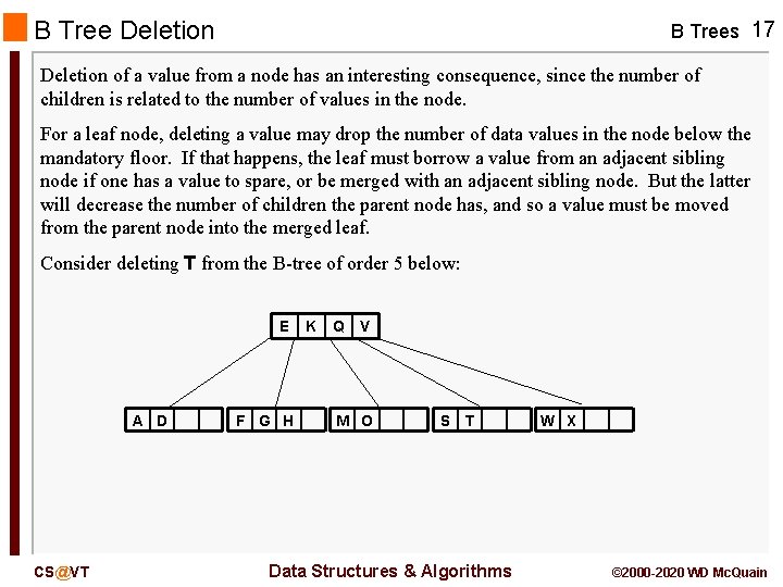 B Tree Deletion B Trees 17 Deletion of a value from a node has B Tree Deletion B Trees 17 Deletion of a value from a node has