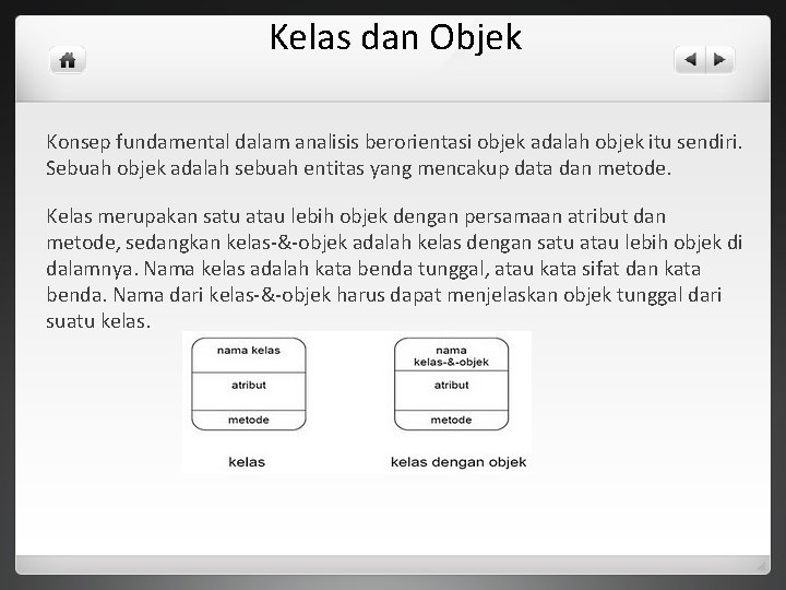 Kelas dan Objek Konsep fundamental dalam analisis berorientasi objek adalah objek itu sendiri. Sebuah