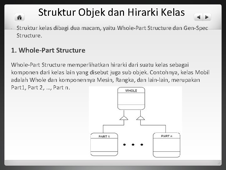 Struktur Objek dan Hirarki Kelas - Struktur kelas dibagi dua macam, yaitu Whole-Part Structure