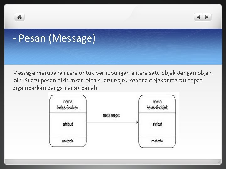 - Pesan (Message) Message merupakan cara untuk berhubungan antara satu objek dengan objek lain.