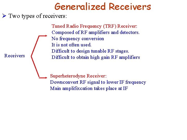Generalized Receivers Ø Two types of receivers: Receivers Tuned Radio Frequency (TRF) Receiver: Composed