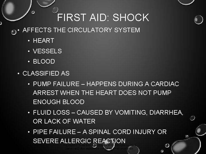 FIRST AID: SHOCK • AFFECTS THE CIRCULATORY SYSTEM • HEART • VESSELS • BLOOD