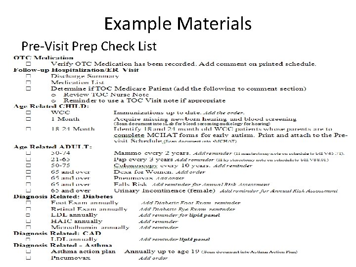 Example Materials Pre-Visit Prep Check List 