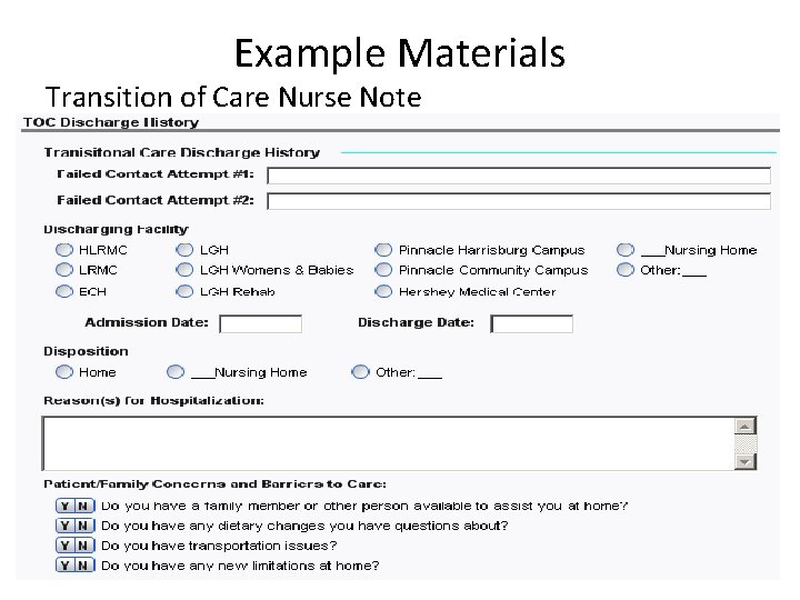 Example Materials Transition of Care Nurse Note 