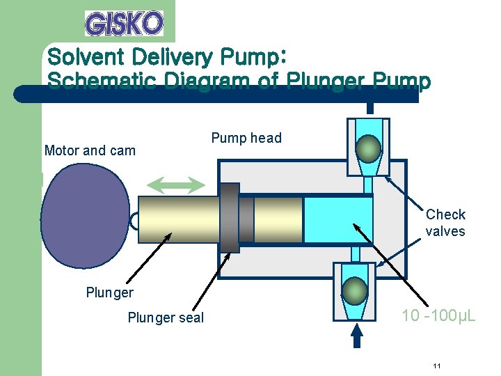 Solvent Delivery Pump: Schematic Diagram of Plunger Pump Motor and cam Pump head Check