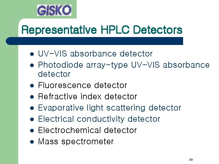 Representative HPLC Detectors l l l l UV-VIS absorbance detector Photodiode array-type UV-VIS absorbance
