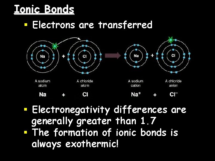 Ionic Bonds § Electrons are transferred § Electronegativity differences are generally greater than 1.