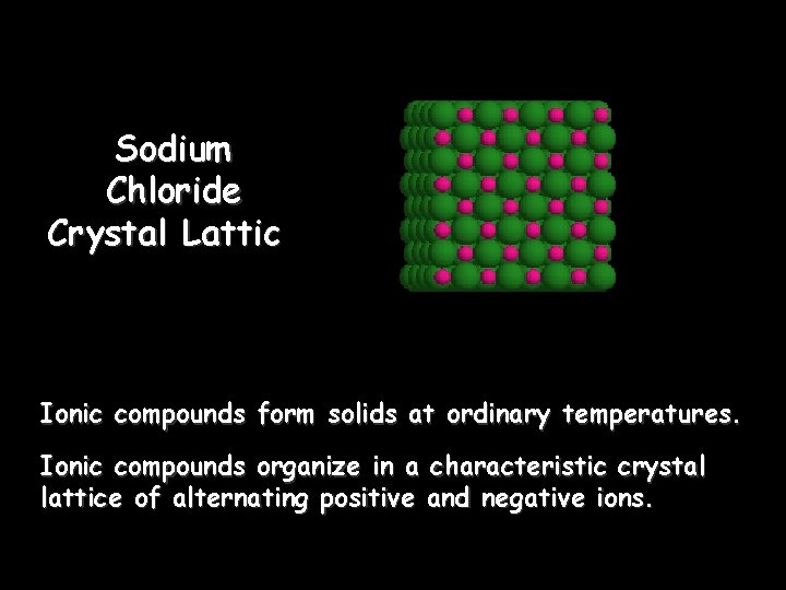 Sodium Chloride Crystal Lattice Ionic compounds form solids at ordinary temperatures. Ionic compounds organize