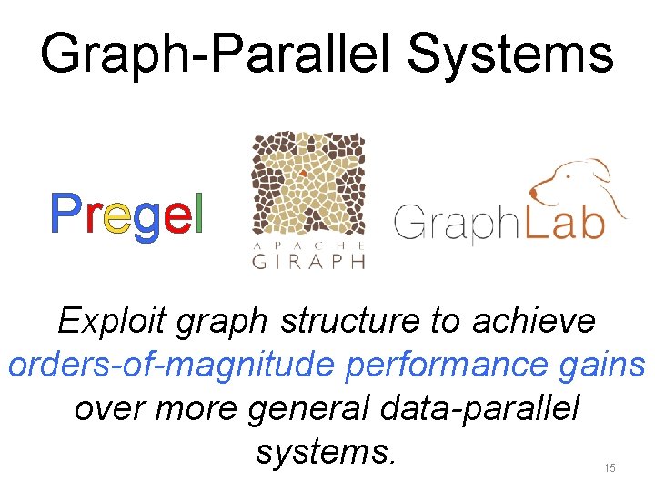 Graph-Parallel Systems Pregel Exploit graph structure to achieve orders-of-magnitude performance gains over more general Graph-Parallel Systems Pregel Exploit graph structure to achieve orders-of-magnitude performance gains over more general