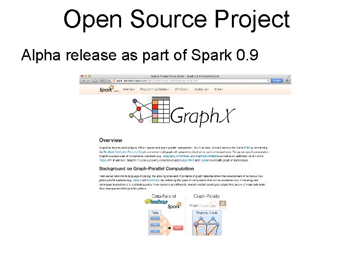 Open Source Project Alpha release as part of Spark 0. 9 Open Source Project Alpha release as part of Spark 0. 9