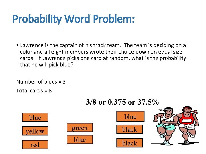 Probability Word Problem: • Lawrence is the captain of his track team. The team