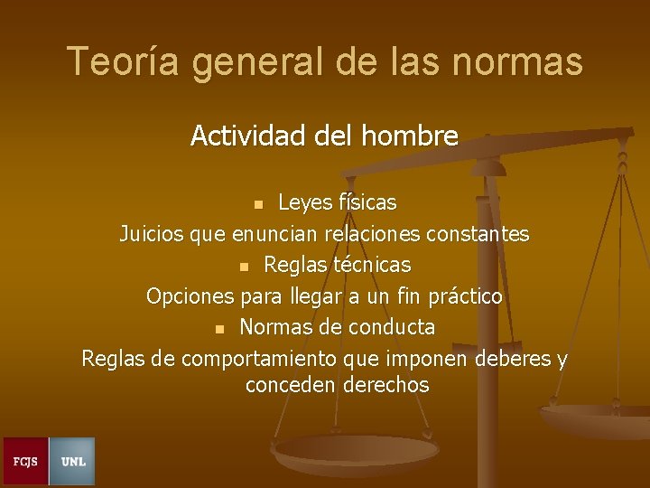 Teoría general de las normas Actividad del hombre Leyes físicas Juicios que enuncian relaciones