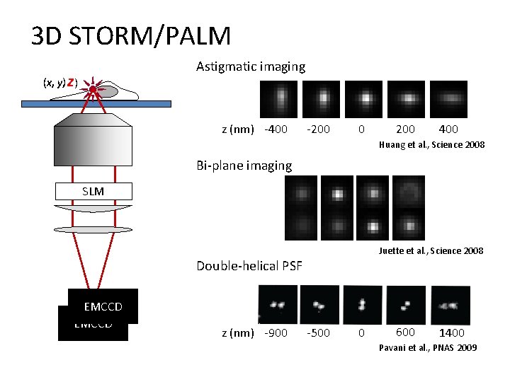 3 D STORM/PALM Astigmatic imaging (x, y) y, z) z (nm) -400 -200 0