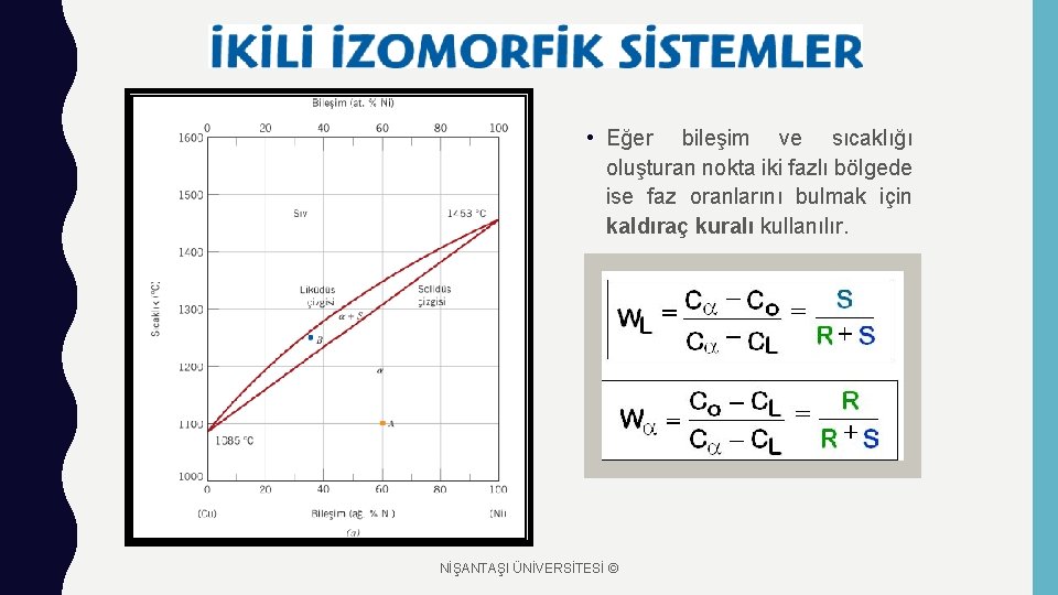  • Eğer bileşim ve sıcaklığı oluşturan nokta iki fazlı bölgede ise faz oranlarını