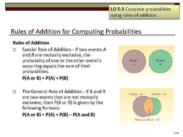 LO 5 -3 Calculate probabilities using rules of addition. Rules of Addition for Computing