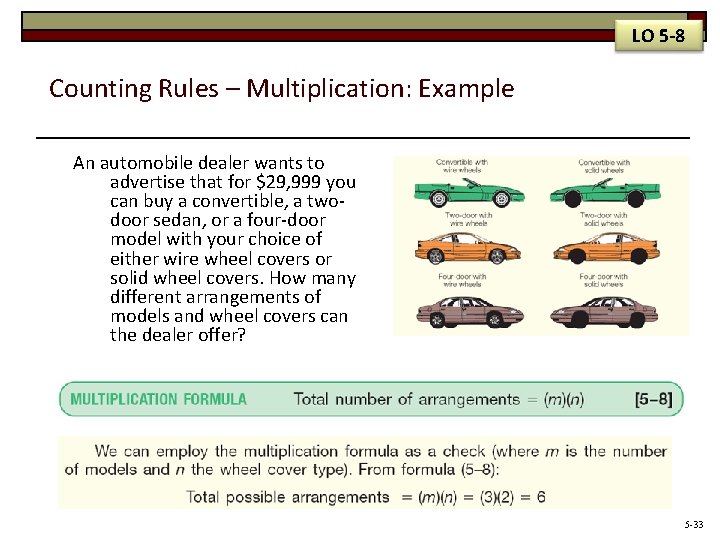 LO 5 -8 Counting Rules – Multiplication: Example An automobile dealer wants to advertise