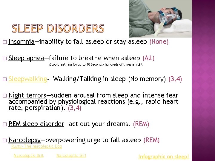 � Insomnia—inability to fall asleep or stay asleep (None) � Sleep apnea—failure to breathe