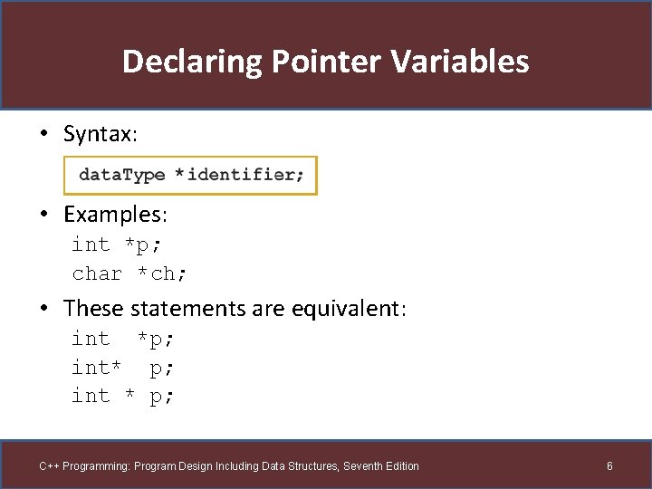 Declaring Pointer Variables • Syntax: • Examples: int *p; char *ch; • These statements