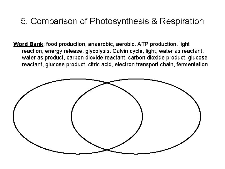 5. Comparison of Photosynthesis & Respiration Word Bank: food production, anaerobic, ATP production, light