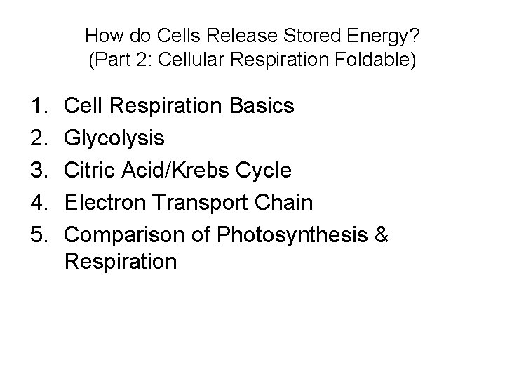 How do Cells Release Stored Energy? (Part 2: Cellular Respiration Foldable) 1. 2. 3.