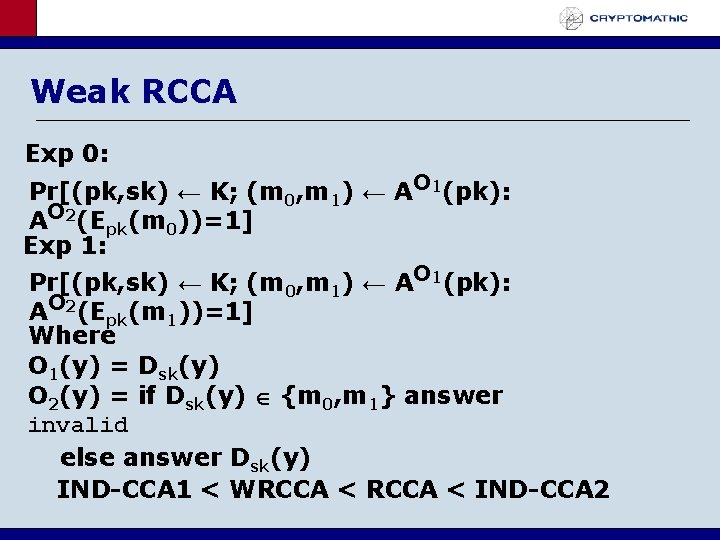 Weak RCCA Exp 0: Pr[(pk, sk) ← K; (m 0, m 1) ← AO