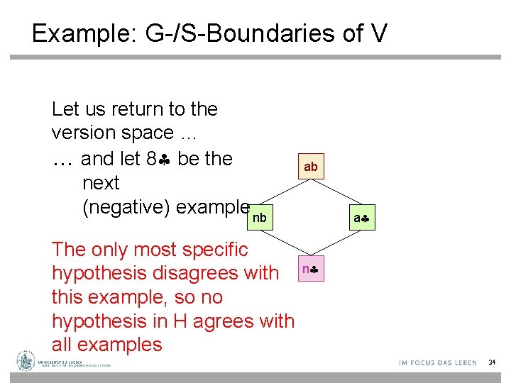 Example: G-/S-Boundaries of V Let us return to the version space … … and