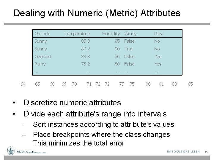 Dealing with Numeric (Metric) Attributes Outlook Temperature Humidity Windy Play Sunny 85. 3 85