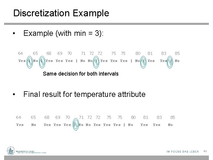 Discretization Example • Example (with min = 3): 64 65 68 69 70 71