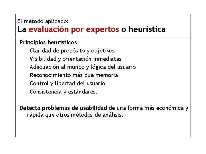 El método aplicado: La evaluación por expertos o heurística Principios heurísticos Claridad de propósito