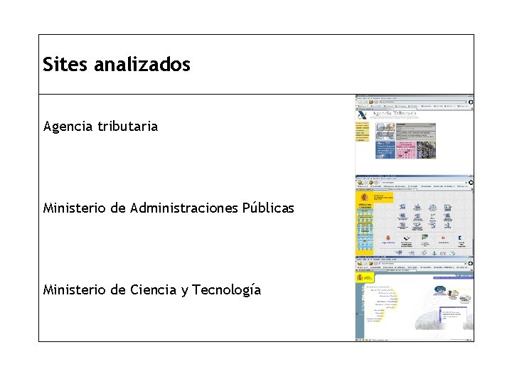 Sites analizados Agencia tributaria Ministerio de Administraciones Públicas Ministerio de Ciencia y Tecnología 