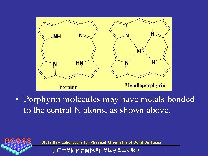  • Porphyrin molecules may have metals bonded to the central N atoms, as
