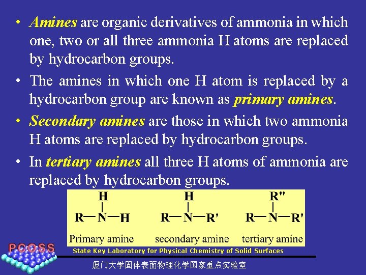  • Amines are organic derivatives of ammonia in which one, two or all