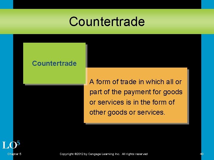 Countertrade A form of trade in which all or part of the payment for