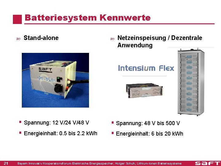 Batteriesystem Kennwerte 21 Stand-alone Netzeinspeisung / Dezentrale Anwendung § Spannung: 12 V/24 V/48 V