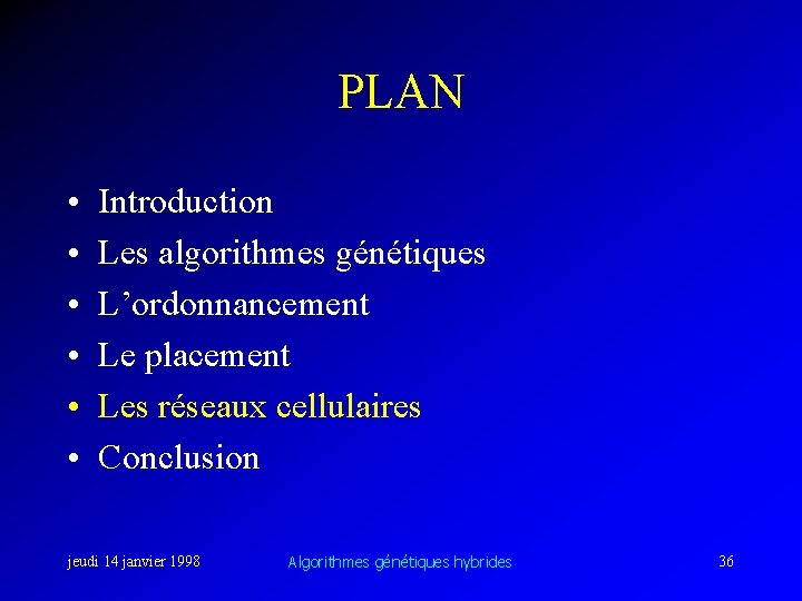 PLAN • • • Introduction Les algorithmes génétiques L’ordonnancement Le placement Les réseaux cellulaires