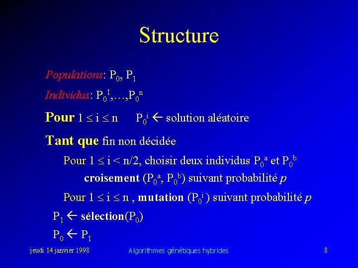 Structure Populations: P 0, P 1 Individus: P 01, …, P 0 n Pour