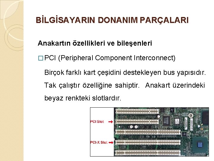 BİLGİSAYARIN DONANIM PARÇALARI Anakartın özellikleri ve bileşenleri � PCI (Peripheral Component Interconnect) Birçok farklı