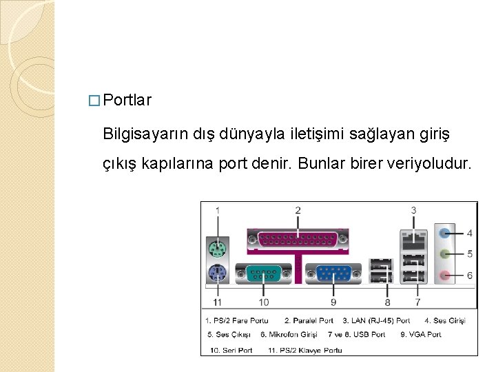 � Portlar Bilgisayarın dış dünyayla iletişimi sağlayan giriş çıkış kapılarına port denir. Bunlar birer