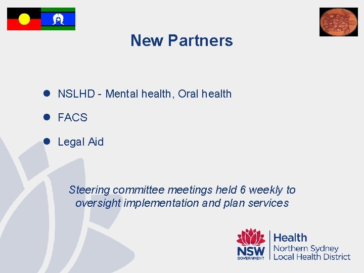 New Partners l NSLHD - Mental health, Oral health l FACS l Legal Aid