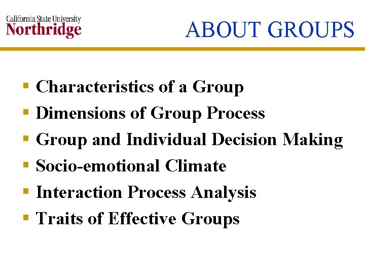 ABOUT GROUPS § Characteristics of a Group § Dimensions of Group Process § Group