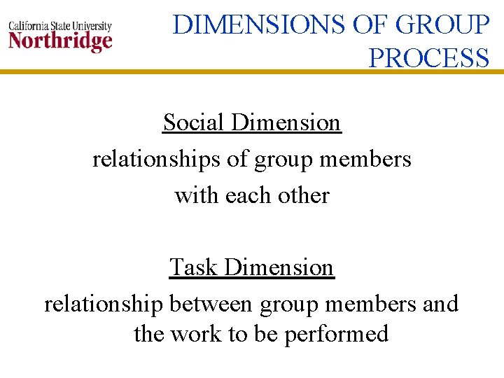 DIMENSIONS OF GROUP PROCESS Social Dimension relationships of group members with each other Task
