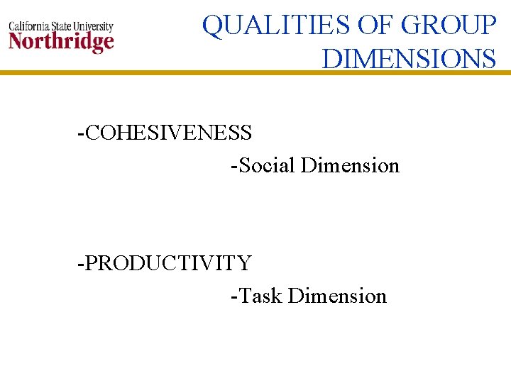 QUALITIES OF GROUP DIMENSIONS -COHESIVENESS -Social Dimension -PRODUCTIVITY -Task Dimension 