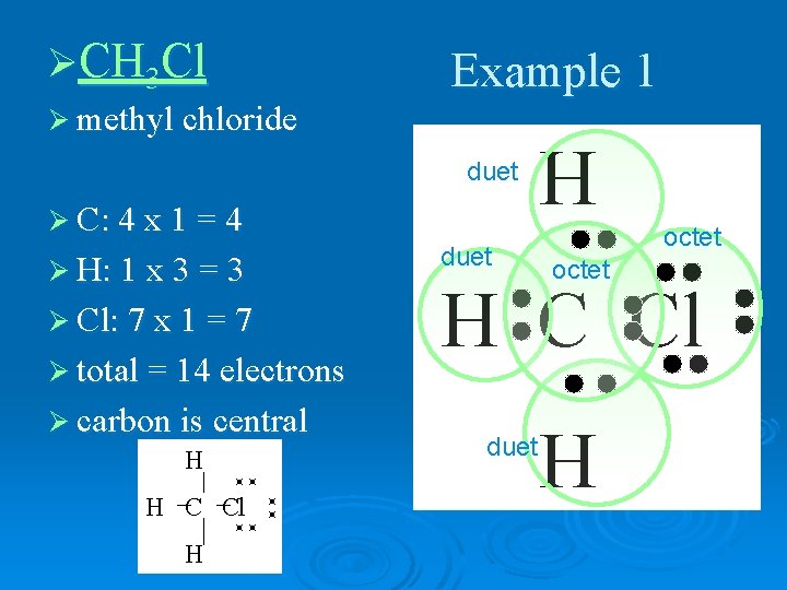 ØCH 3 Cl Example 1 Ø methyl chloride duet Ø C: 4 x 1
