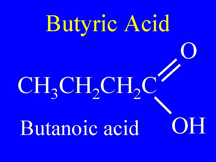 Butyric Acid O CH 3 CH 2 C Butanoic acid OH 