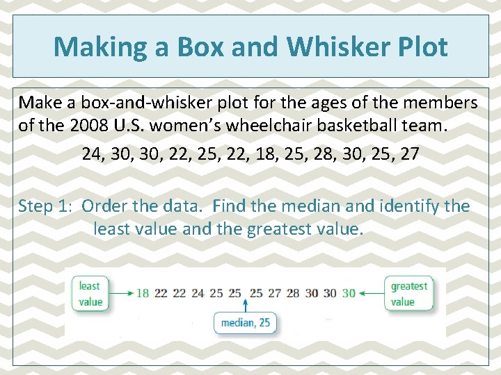 Making a Box and Whisker Plot Make a box-and-whisker plot for the ages of Making a Box and Whisker Plot Make a box-and-whisker plot for the ages of